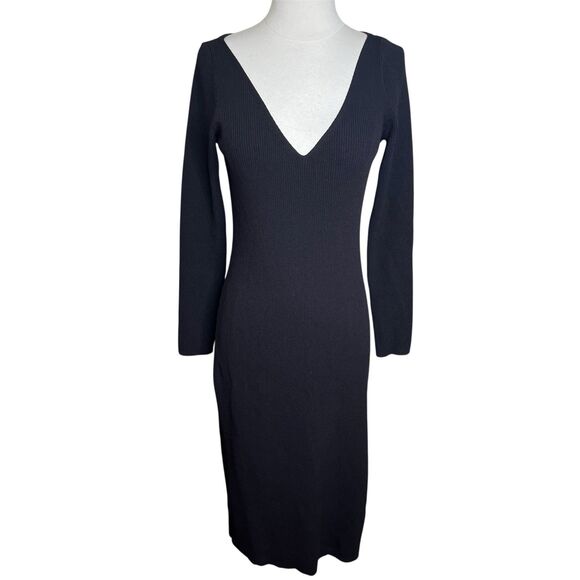 J Crew Collection Midi Dress Medium Black Stretch Ribbed Knit V Neck Long Sleeve - Picture 1 of 9